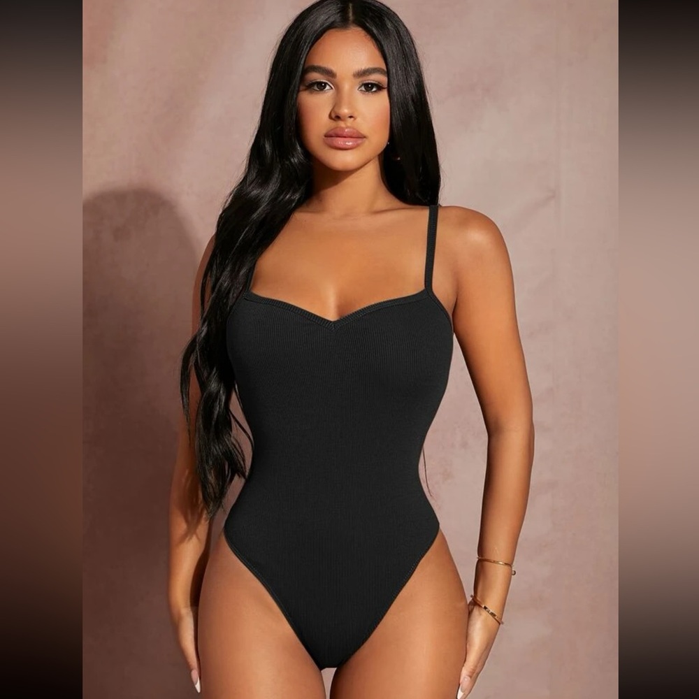 Black Bodycon Ribbed Basic bodysuit Sexy‎ Stretch top tank classic Y2K Classic